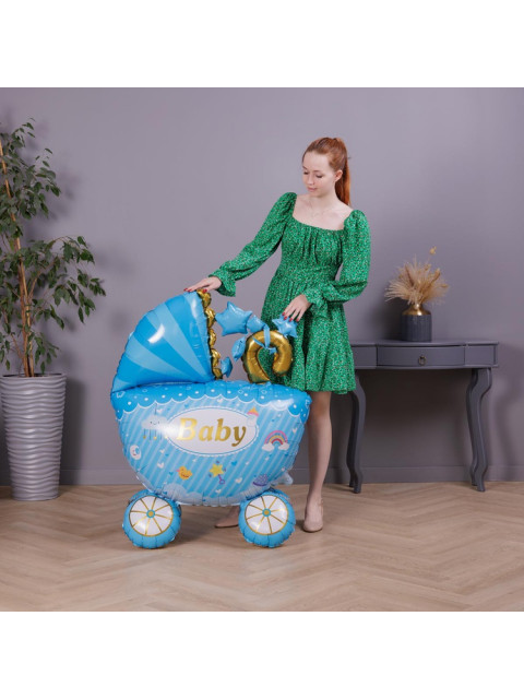 Фольгированный шар  напольная фигура Коляска голубая Baby, на выписку мальчика из роддома
